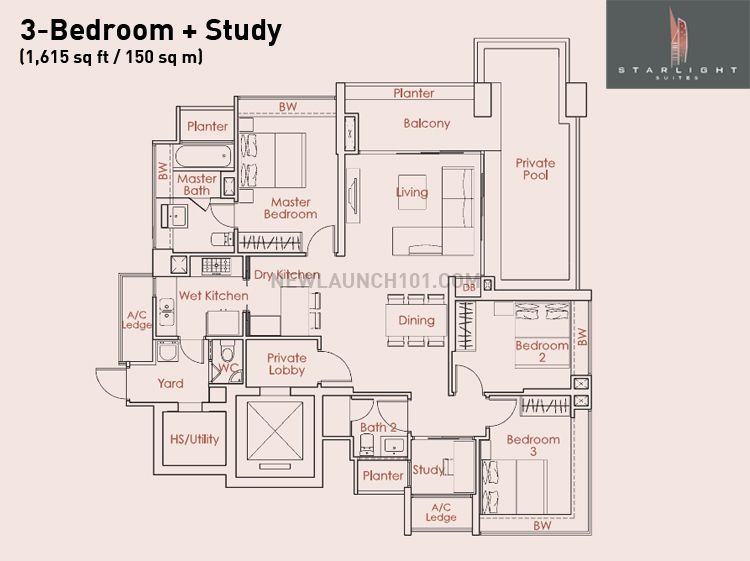 Starlight Suites Floor Plan 3-Bedroom Study
