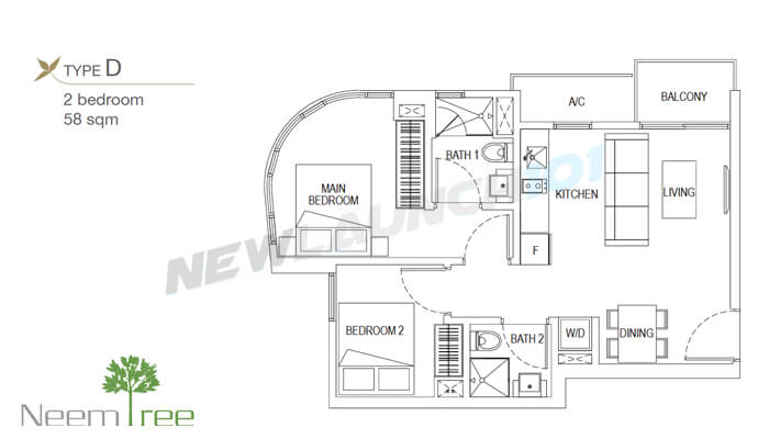 Neem Tree Floor Plan 2-Bedroom 624