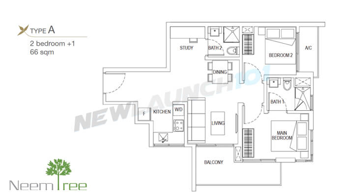 Neem Tree Floor Plan 2-Bedroom Study 710