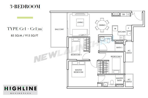 Highline Residences Floor Plan 3-Bedroom 915