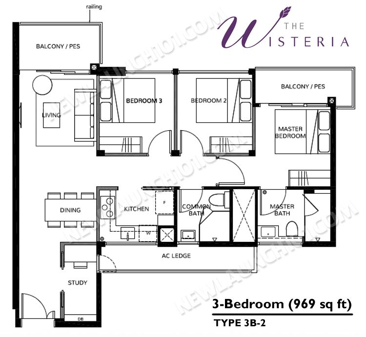 The Wisteria Floor Plan 3-Bedroom 969