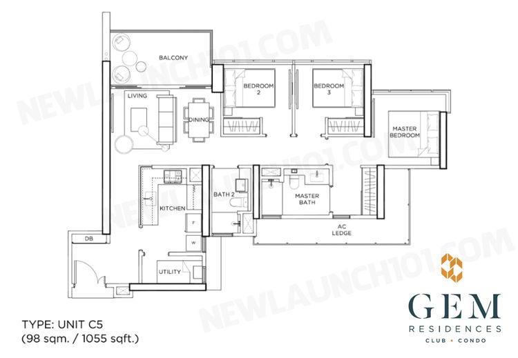 GEM Residences Floor Plan 3-Bedroom 1055