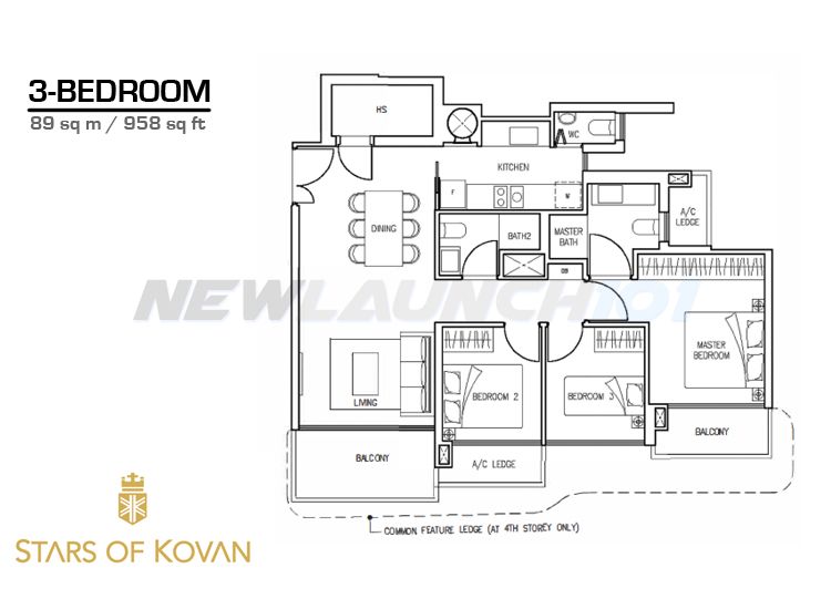 Stars of Kovan Floor Plan 3-Bedroom 958