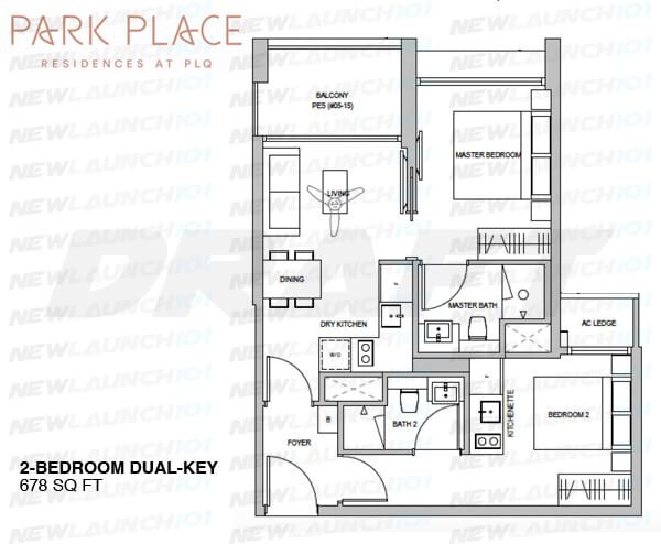 PARK PLACE RESIDENCES FLOOR PLAN 2-BEDROOM DUAL KEY 678