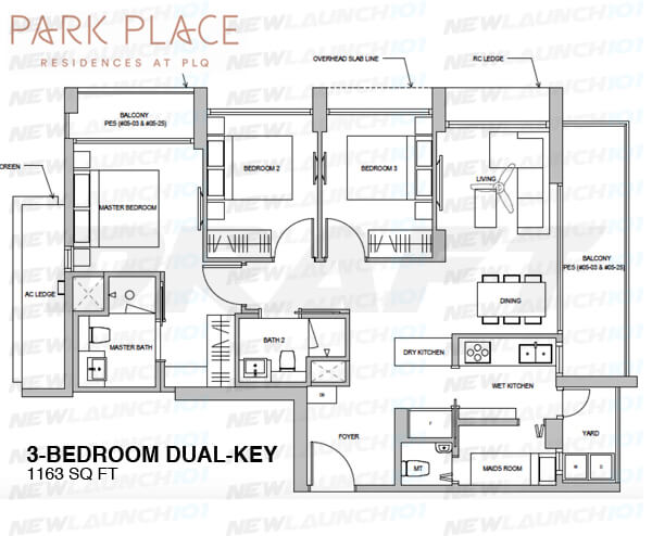 PARK PLACE RESIDENCES FLOOR PLAN 3-BEDROOM DUAL KEY 1163