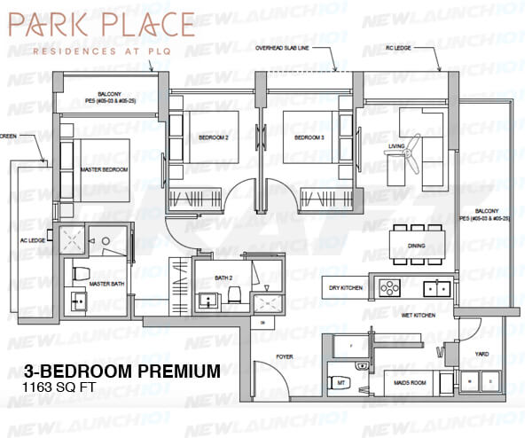 PARK PLACE RESIDENCES FLOOR PLAN 3-BEDROOM PREMIUM 1163