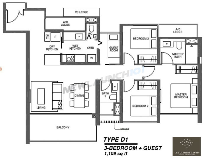 The Clement Canopy Floor Plan 3-Bedroom Guest 1109