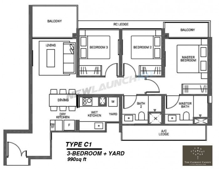 The Clement Canopy Floor Plan 3-Bedroom Yard 990