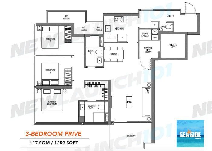 Seaside Residences Floor Plan 3-Bedroom Prive 1259
