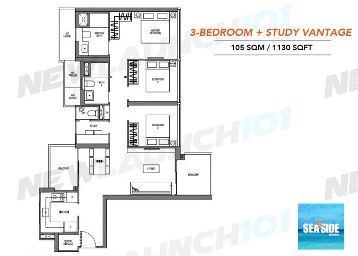 Seaside Residences Floor Plan 3-Bedroom Study Vantage 1130