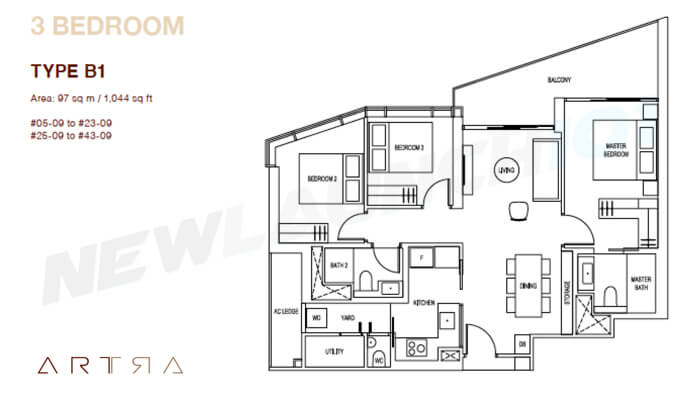 ARTRA Floor Plan 3-Bedroom 1044