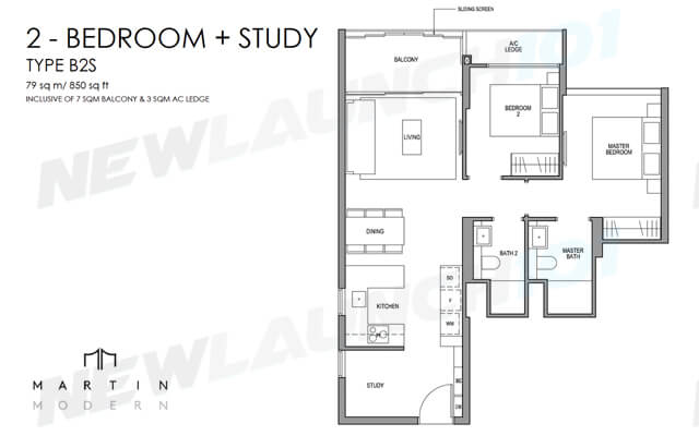 Martin Modern Floor Plan 2-Bedroom Plus Study 850