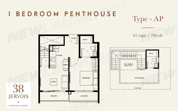 38 Jervois Floor Plan 1-Bedroom Penthouse 700