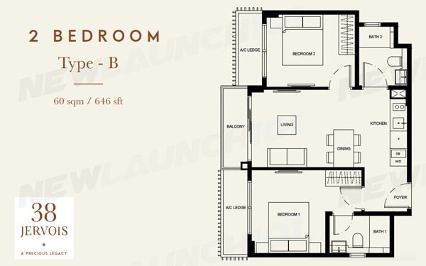 38 Jervois Floor Plan 2-Bedroom 646