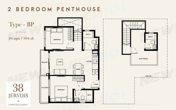38 Jervois Floor Plan 2-Bedroom Penthouse 904