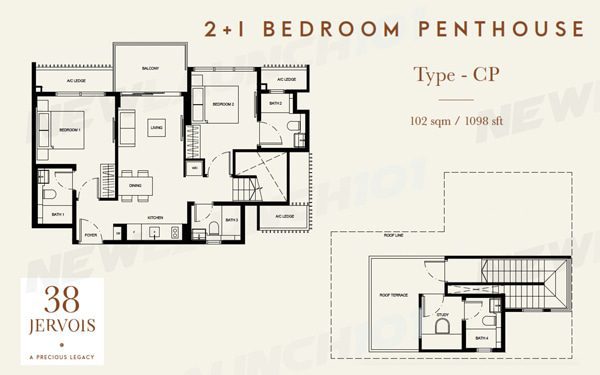 38 Jervois Floor Plan 2-Bedroom Study Penthouse 1098