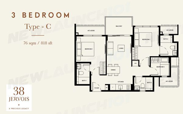 38 Jervois Floor Plan 3-Bedroom 818
