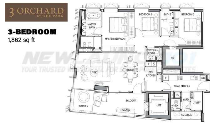 3 Orchard By The Park Floor Plan 3-Bedroom 1862