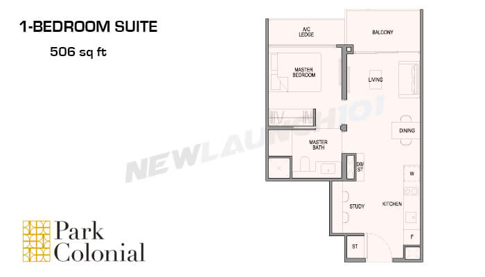Park Colonial Floor Plan 1-Bedroom Study 506