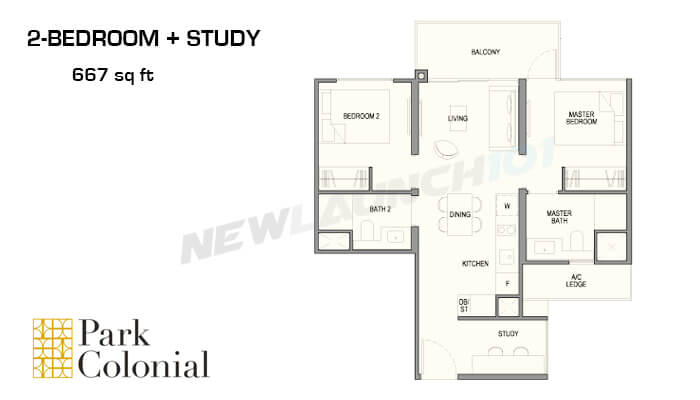 Park Colonial Floor Plan 2-Bedroom Study 667