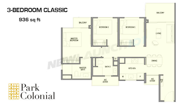 Park Colonial Floor Plan 3-Bedroom Classic 936