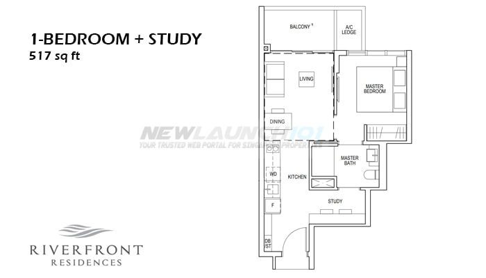 Riverfront Residences Floor Plan 1-Bedroom Study 517
