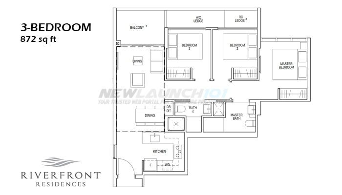 Riverfront Residences Floor Plan 3-Bedroom 872