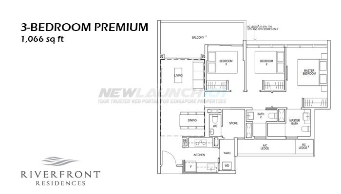 Riverfront Residences Floor Plan 3-Bedroom Premium 1066