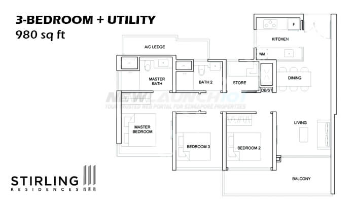 Stirling Residences Floor Plan 3-Bedroom Utility 980