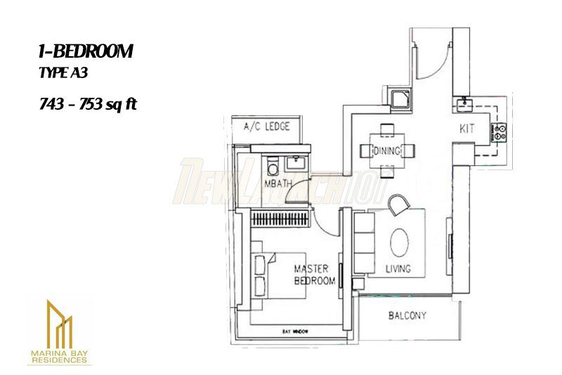 Marina Bay Residences Floor Plan 1-Bedroom Type A3