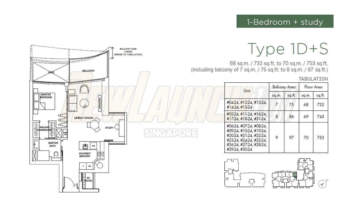 Marina One Residences Floor Plan 1-Bedroom Study Type 1DS