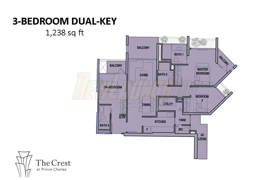 The Crest Floor Plan 3-Bedroom Dual Key 1238
