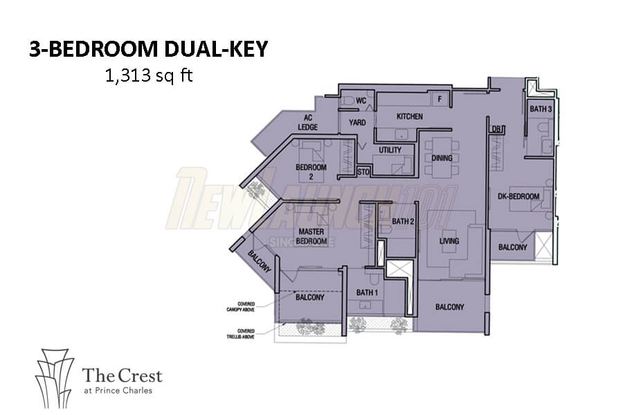 The Crest Floor Plan 3-Bedroom Dual Key 1313
