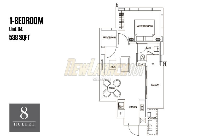 8 Hullet Condo Floor Plan 1-Bedroom 538 sqft