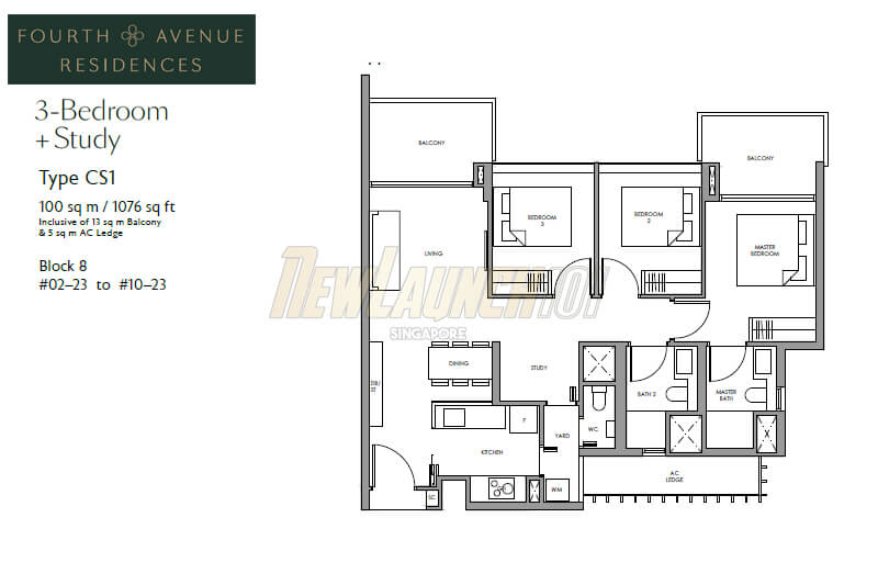 Fourth Avenue Residences Floor Plan 3-Bedroom Study Type CS1
