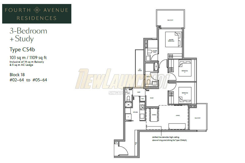 Fourth Avenue Residences Floor Plan 3-Bedroom Study Type CS4b
