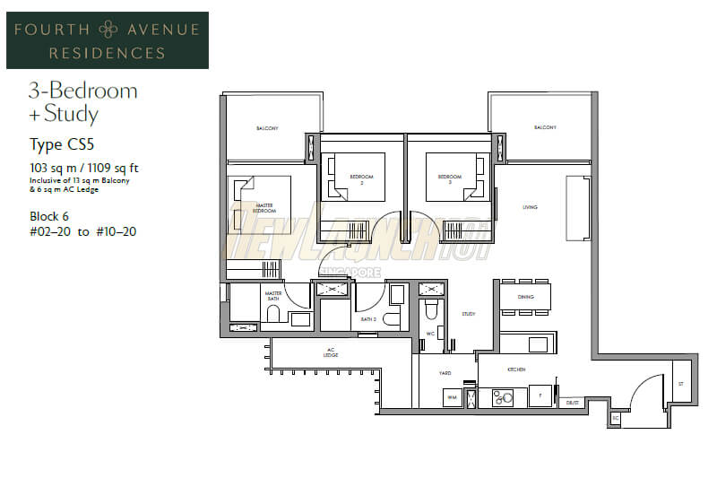Fourth Avenue Residences Floor Plan 3-Bedroom Study Type CS5