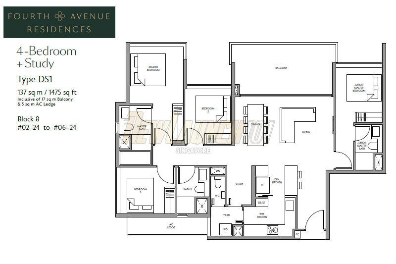 Fourth Avenue Residences Floor Plan 4-Bedroom Study Type DS1