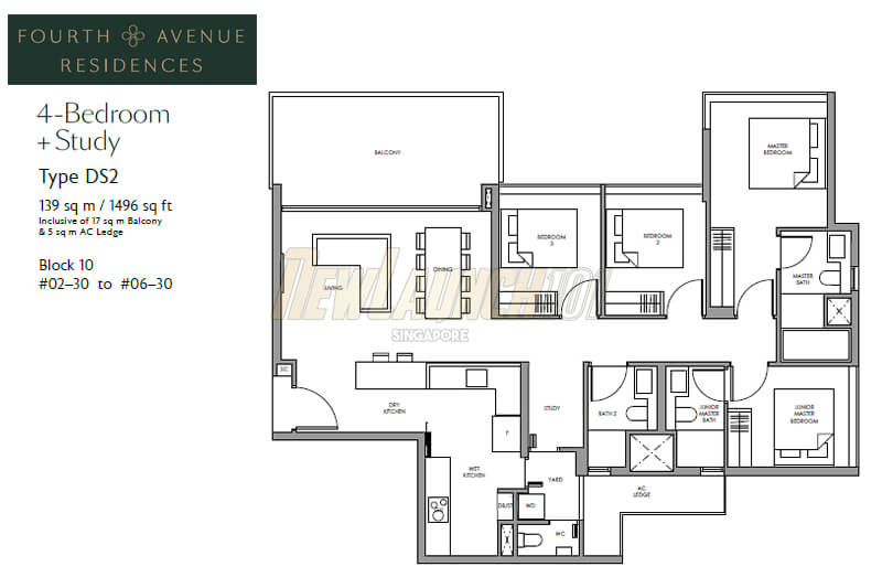 Fourth Avenue Residences Floor Plan 4-Bedroom Study Type DS2