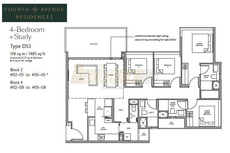 Fourth Avenue Residences Floor Plan 4-Bedroom Study Type DS3