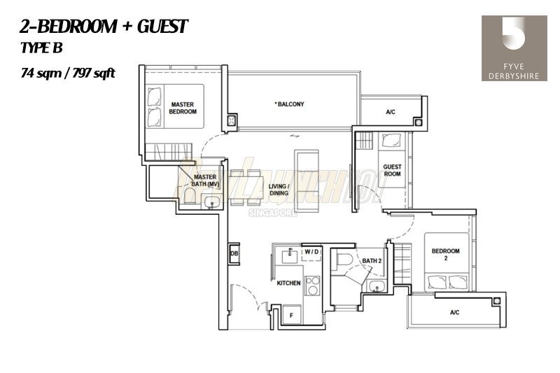 Fyve Derbyshire Floor Plan 2-Bedroom Guest Type B