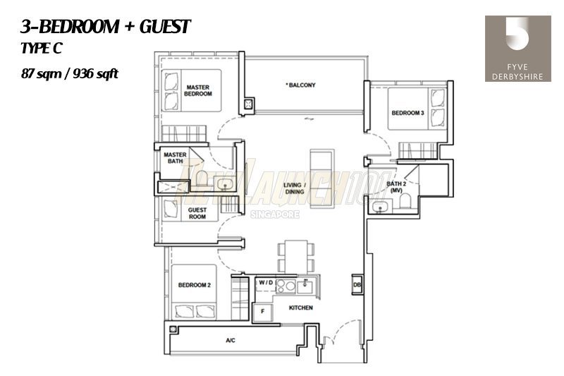 Fyve Derbyshire Floor Plan 3-Bedroom Guest Type C