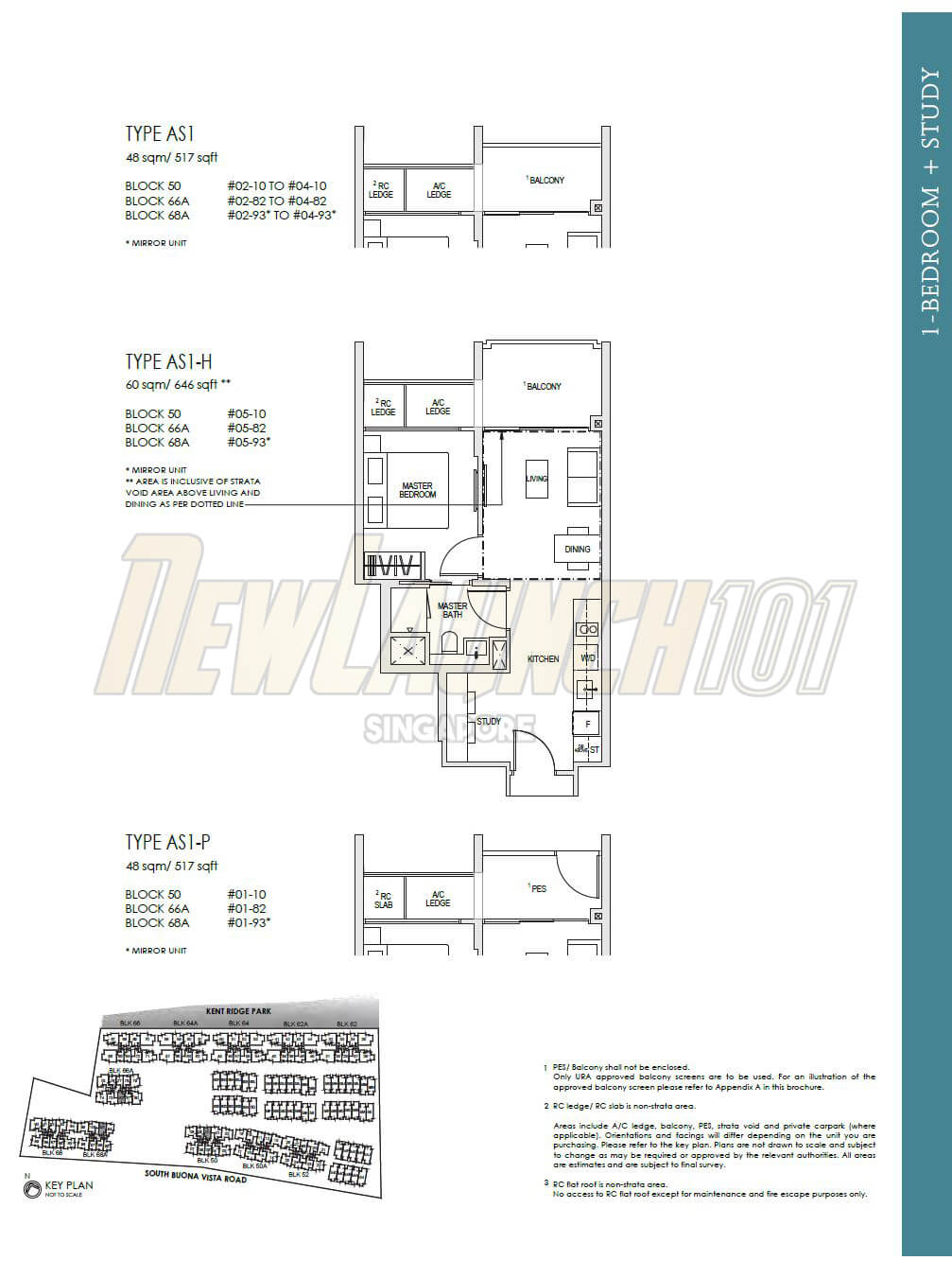 Kent Ridge Hill Residences Floor Plan 1-Bedroom Study Type AS1