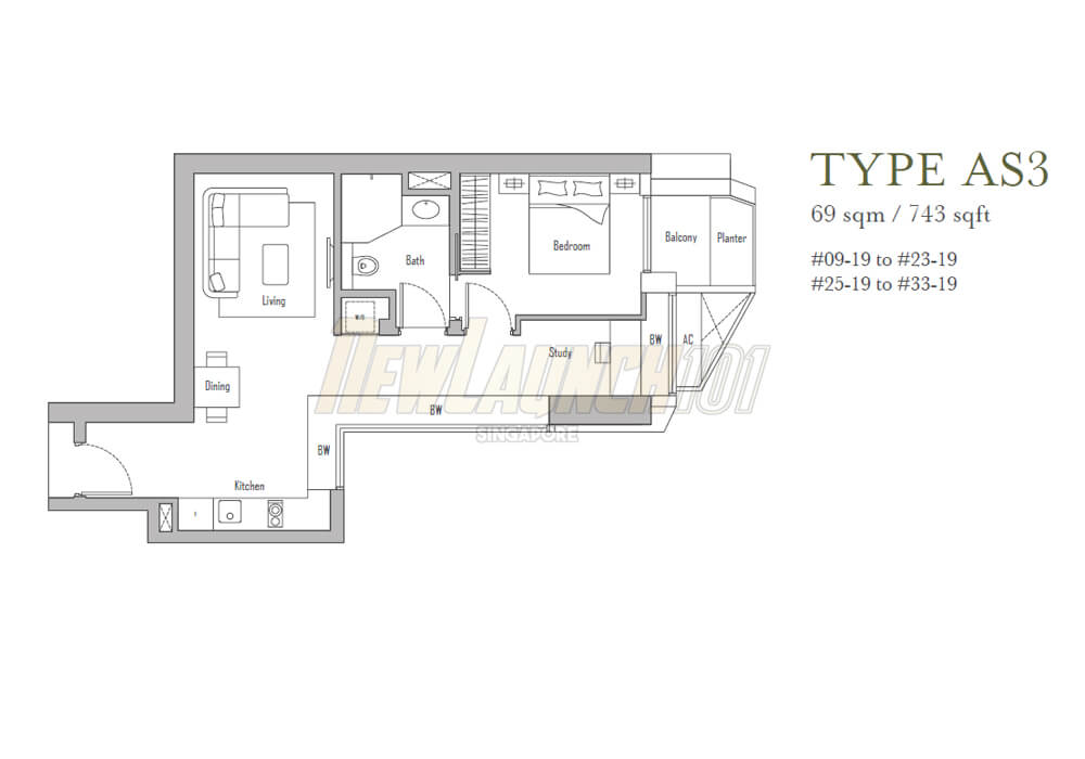 V on Shenton 1-Bedroom Study Floor Plan Type AS3