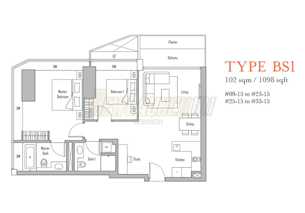 V on Shenton 2-Bedroom Study Floor Plan Type BS1