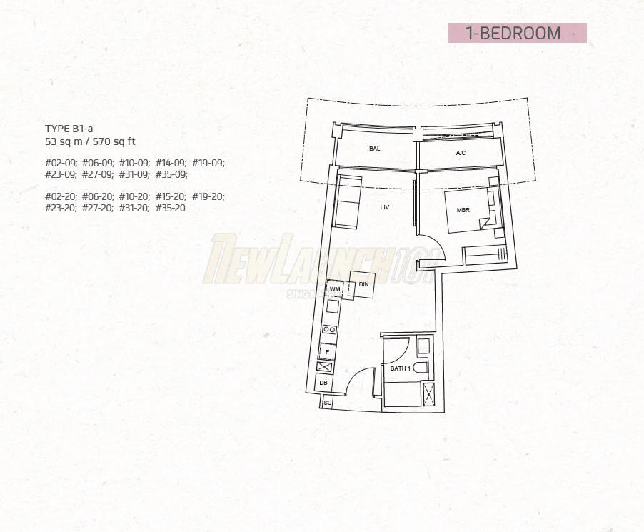 One Pearl Bank Floor Plan 1-Bedroom Type B1a