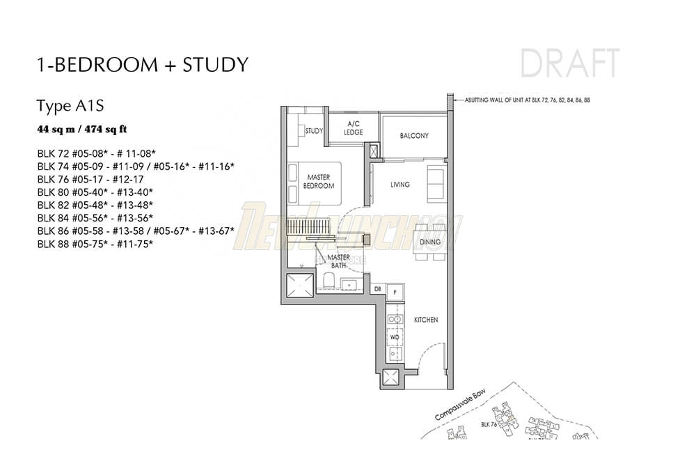 Sengkang Grand Residences Floor Plan Draft 1-Bedroom Study