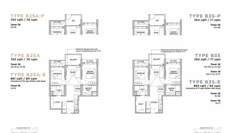 Sceneca Residence Floor Plan 2-Bedroom + Study Type B3S
