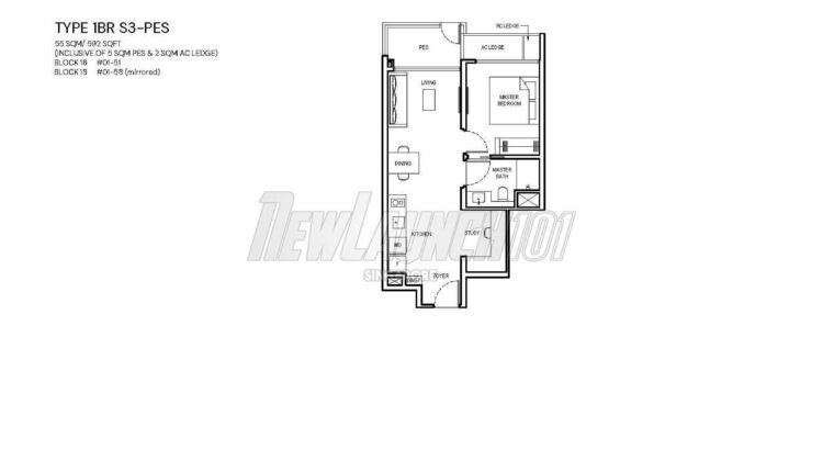 Grand Dunman Floor Plan 1-Bedroom Study Type 1BR S3